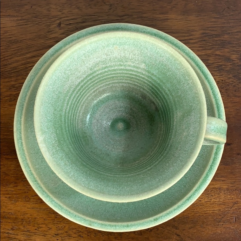 Extra Large Green Handmade Pottery Cup & Saucer - Picture 3 of 6